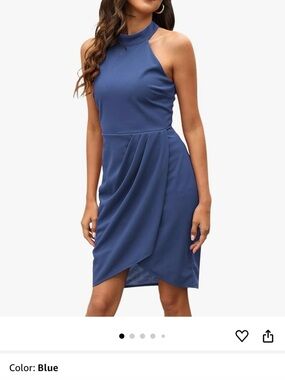 High-Neck Blue Mini Dress with Draped Wrap Skirt